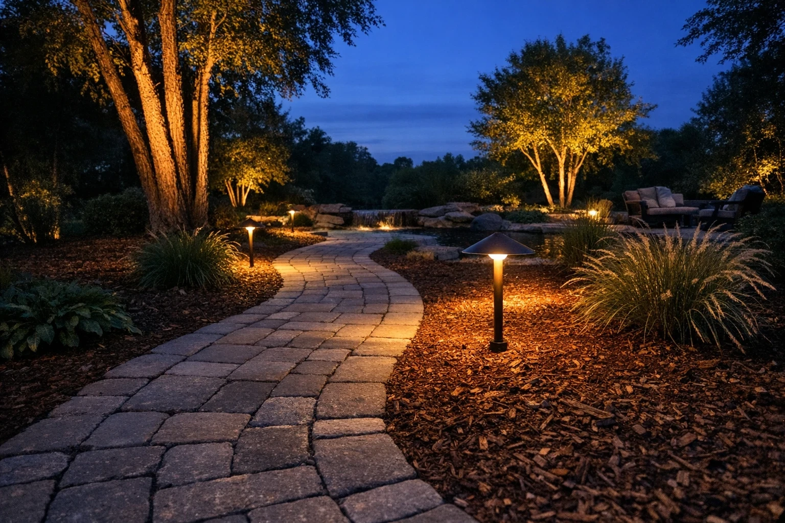 Dusk landscape-lighting installation with glowing path lights and uplighting along a garden walkway